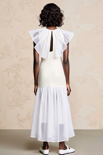 White Sheath Ruffled Long Summer Dress with Keyhole